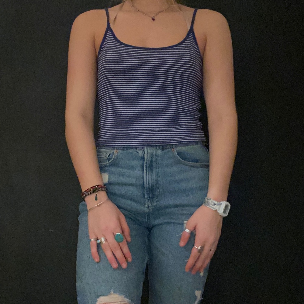Blue and white striped cropped tank top